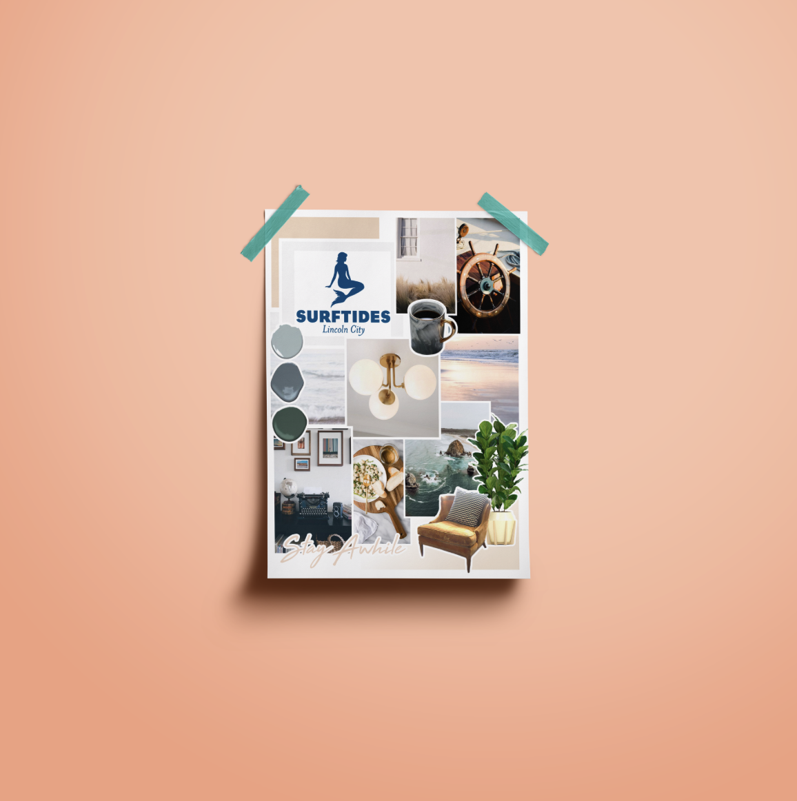 Moodboard pinned to a peach background showing color swatches, photography, type samples, and lifestyle imagery