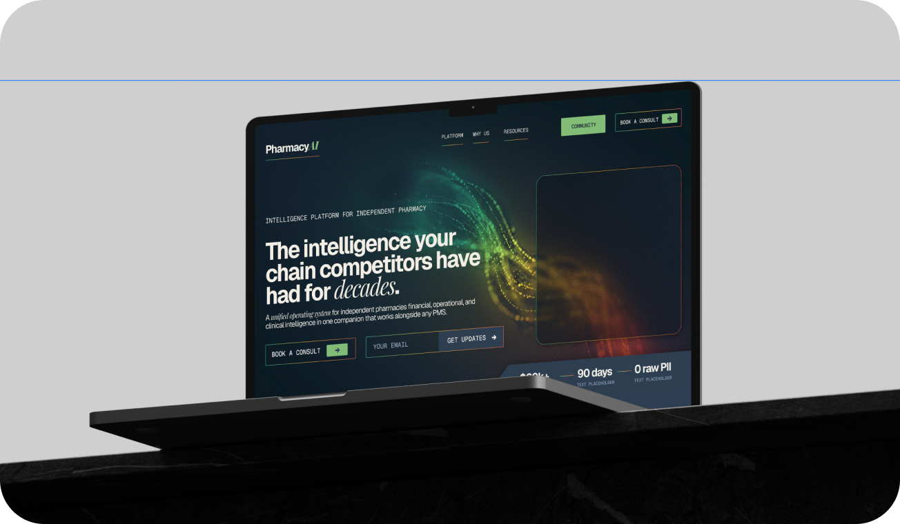 PharmacyAI website displayed on a laptop screen