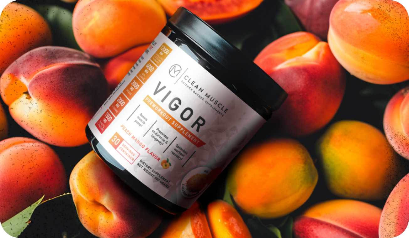 Clean Muscle Vigor preworkout supplement product photography surrounded by peaches